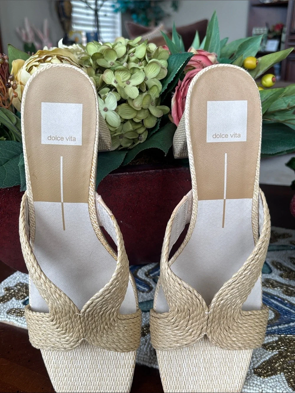 Dolce Vita Woven Light Natural Raffia Block Heels Slip On Sandals Square Toe